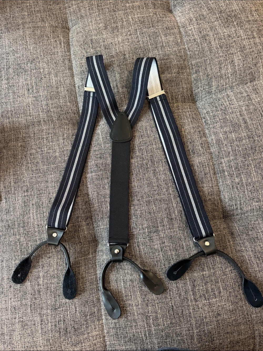Men's Navy Stripe Leather-Trim Suspenders